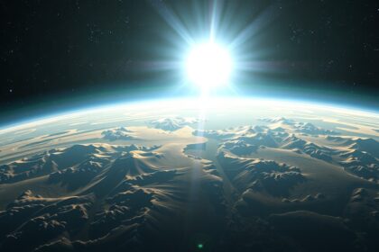 A Földhöz hasonlító Kepler-438b exobolygó látképe a Nap fényében.