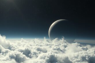 A Kepler-138d exobolygó látképe, vízgőz és felhők között.