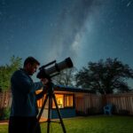 Kezdő csillagász távcsővel csodálja az égboltot otthon