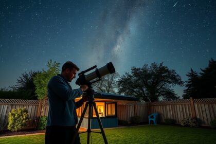 Kezdő csillagász távcsővel csodálja az égboltot otthon