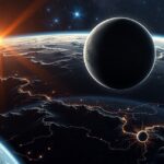 Kozmikus táj, ami bemutatja a Hold keletkezését a Theia-becsapódás elméletével.