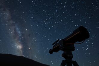 Dobson-távcső az éjszakai égbolt alatt, csillagászati nézet
