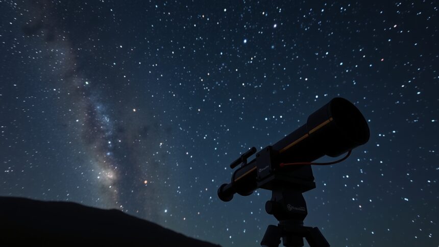 Dobson-távcső az éjszakai égbolt alatt, csillagászati nézet