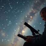 Egy ember észlelési naplót vezet a csillagos ég alatt távcső mellett.