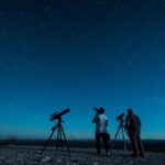 Csillagászok távcsövekkel a csillagos éjszakában