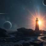 Fénylő világítótorony az univerzumban, körülötte bolygók és csillagok.