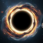 Az űrben egy fekete lyuk és egy kis bolygó látványa.