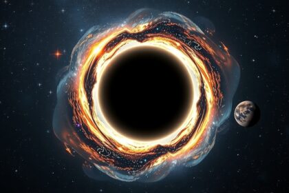 Az űrben egy fekete lyuk és egy kis bolygó látványa.