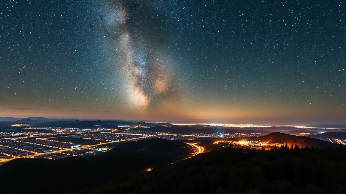 Csillagos égbolt és városi fények éjszaka, fényszennyezés megelőzése.