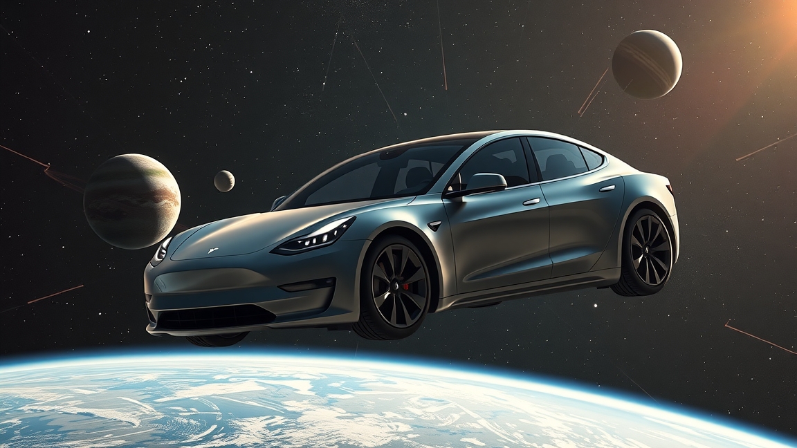 Tesla autó az űrben, bolygók és csillagok között.