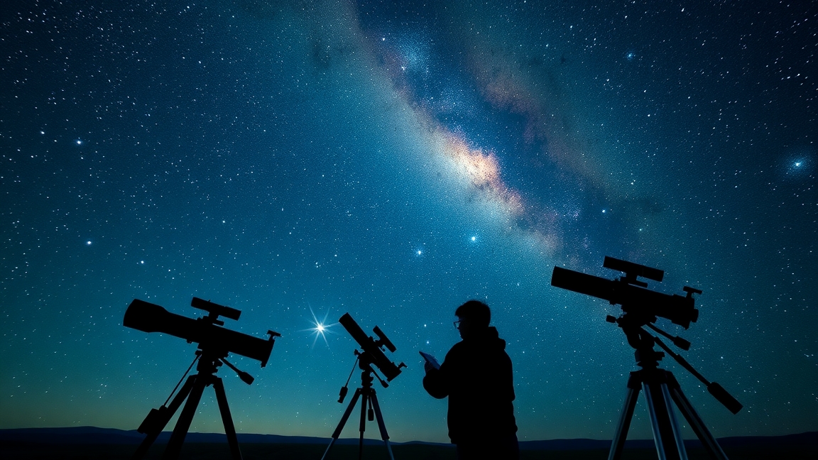 Csillagász távcsővel a Szűz csillagkép alatt, galaxisokkal