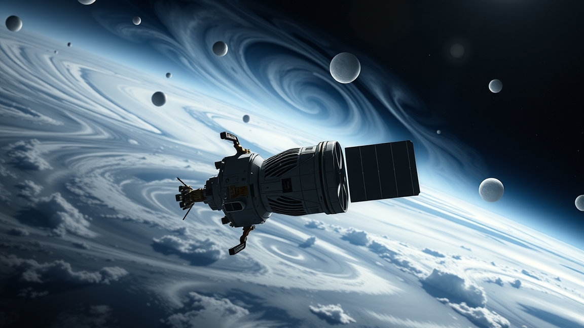 Galileo űrszonda a Jupiter körül, háttérben bolygók és felhők.