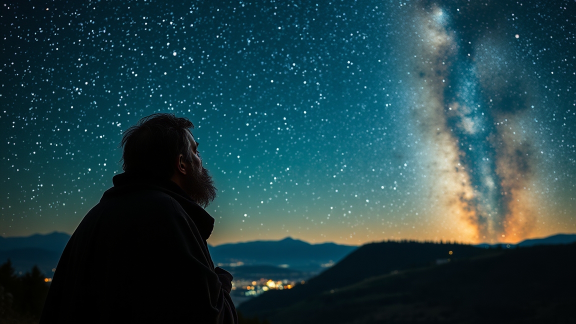 Giordano Bruno figyelmesen nézi a csillagokat az éjszakai égbolton