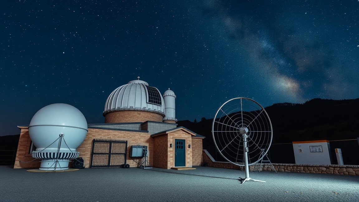 A Gothard Asztrofizikai Obszervatórium modern műszerei és csillagokkal teli égbolt.