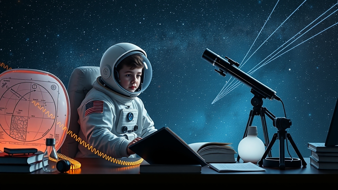 Gyerek űrhajós jelmezben könyvek és teleszkóp mellett a csillagok alatt.