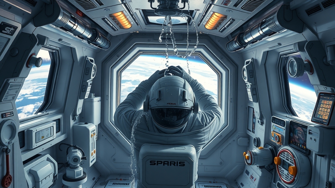 Űrhajós hajmosás az űrállomáson súlytalanságban.