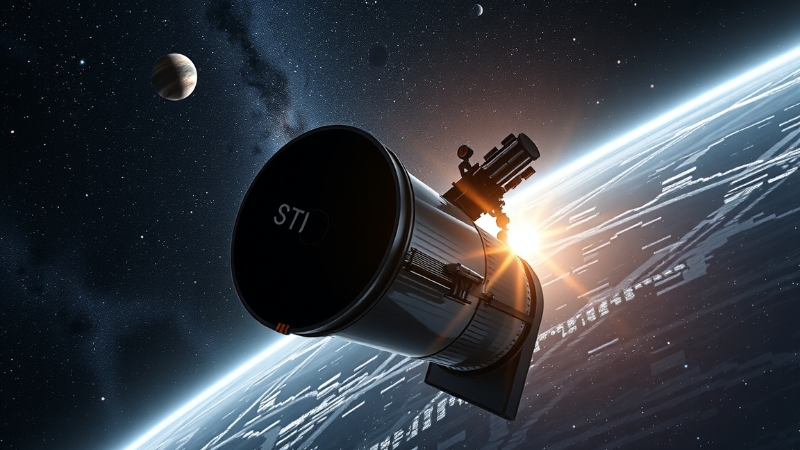 A Hubble űrtávcső a Föld körül, csillagokkal és bolygókkal.