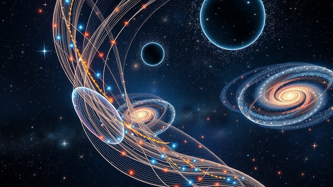 A húrelmélet dimenzióit bemutató kép galaxisokkal.