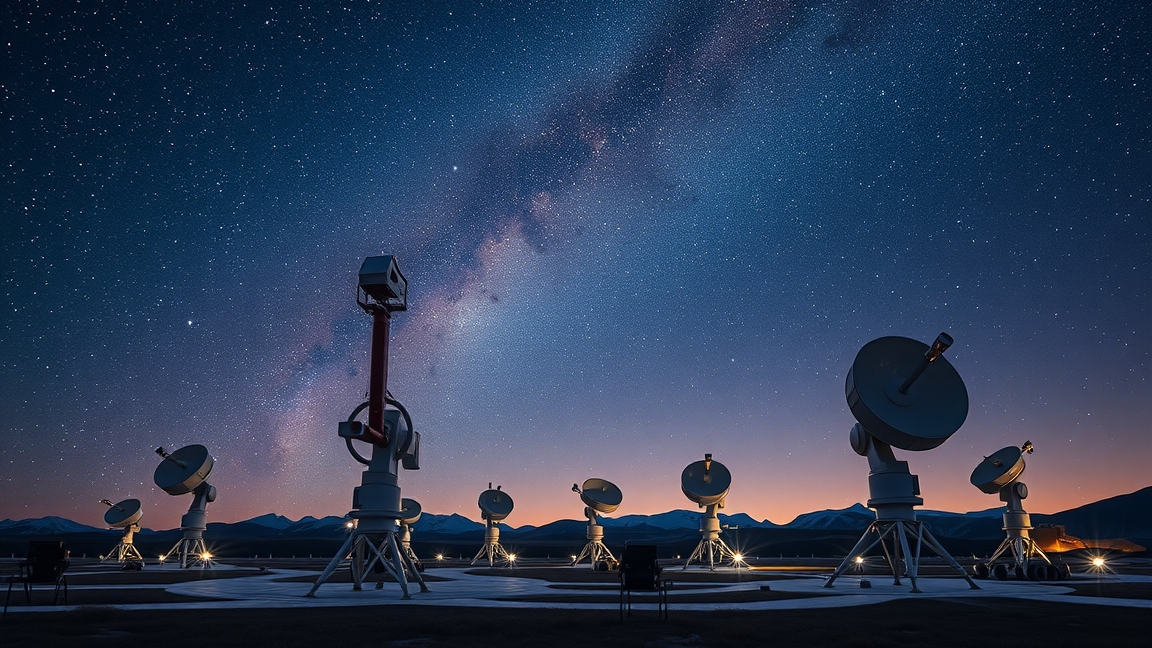 Távcsövek az éjszakai csillagok alatt interferometria technológiával.