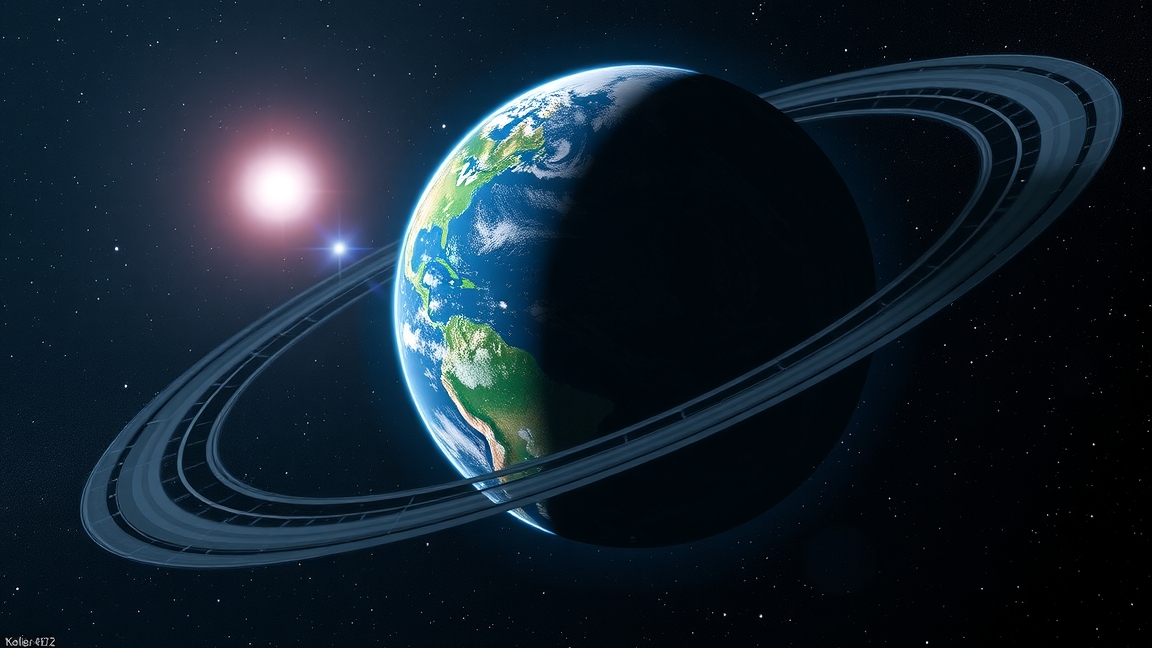 Digitális ábrázolás a Földről gyűrűs bolygó környezetében.