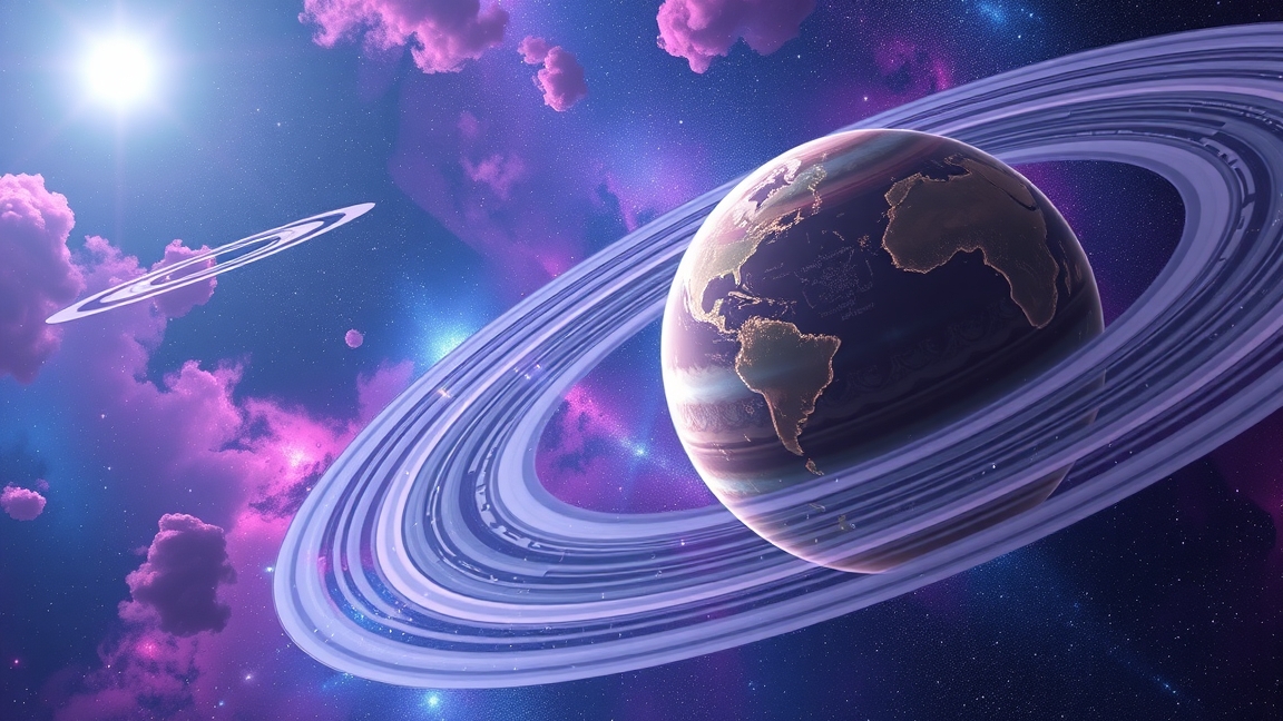 Fantázia ábrázolása egy vattacukor-bolygóról gyűrűkkel az űrben.