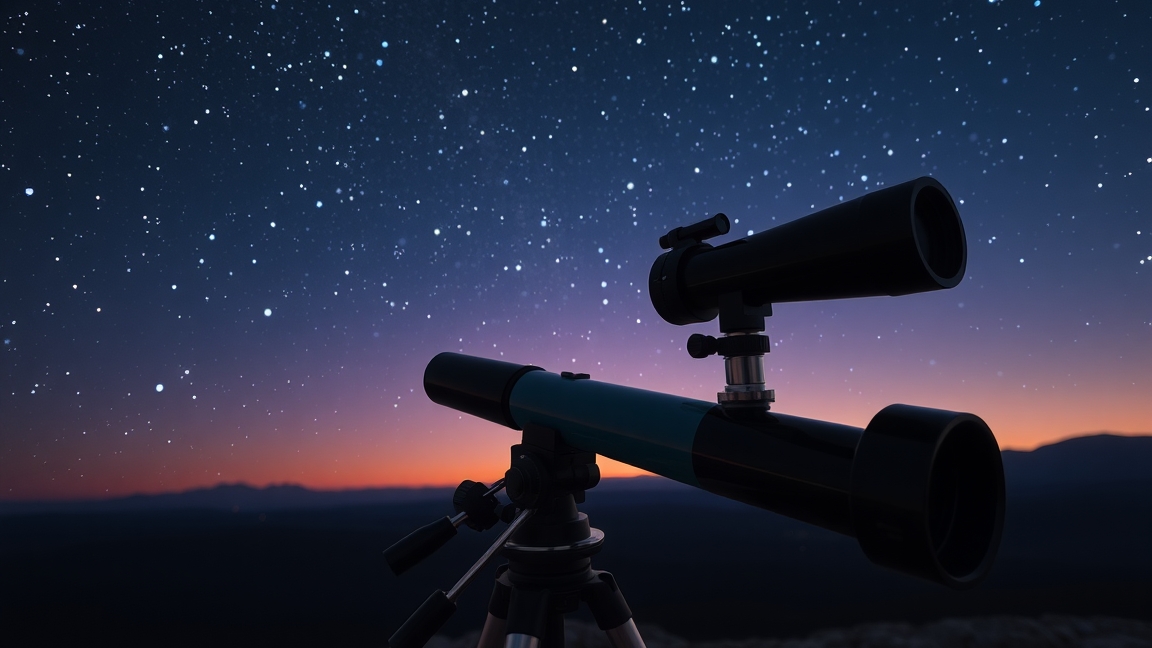 Keresőtávcső a csillagos ég alatt, beállítva a főcsillagra.