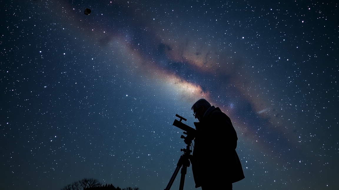 Csillagokat néző amatőr csillagász a teleszkóp mögött