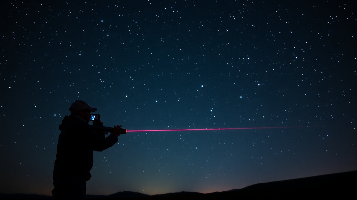 Lézermutató használata csillagok mutatására az éjszakai égbolton.