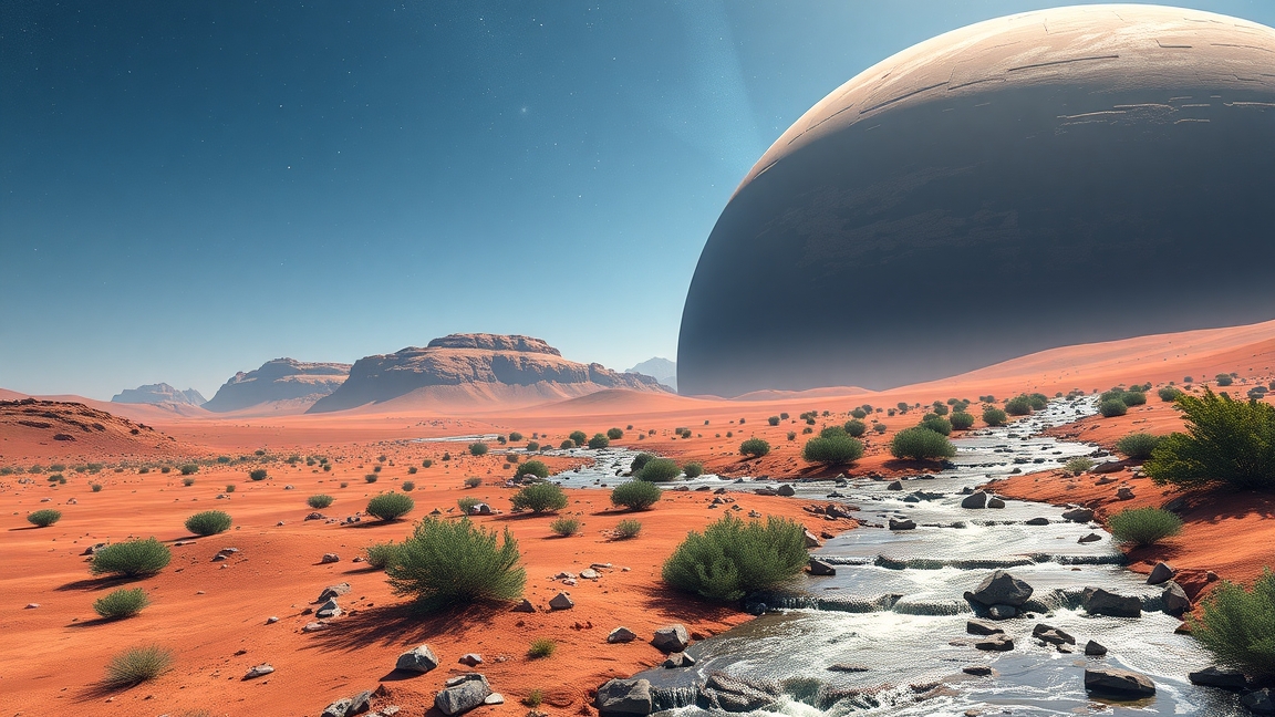 Futuristic landscape of Mars with greenery and a large celestial body