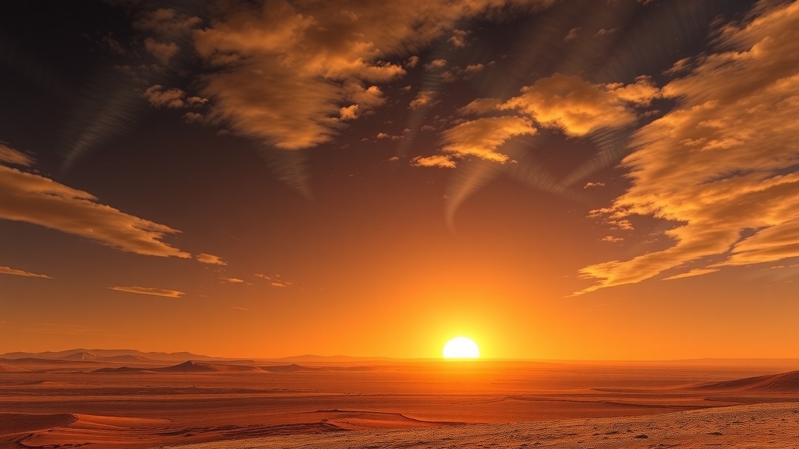 Marsi naplemente, kék ég és vöröses horizont.