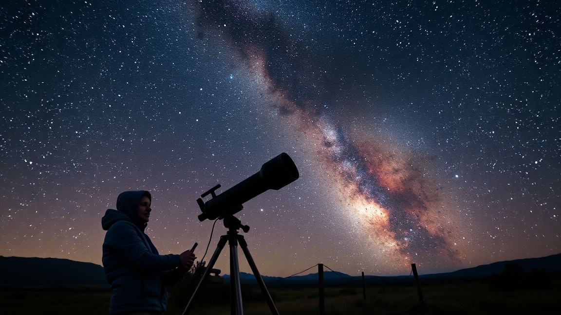 Csillagász éjjeli égbolt alatt távcsővel