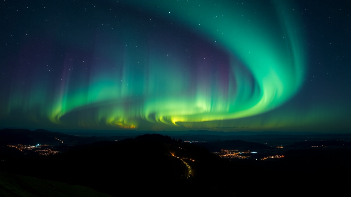 Sarki fény látvány, zöld és lila színnel az égen