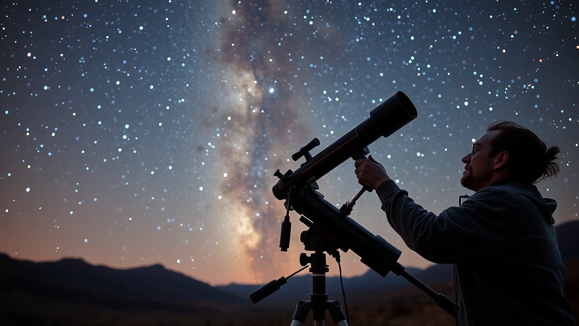 Férfi Newton-távcsővel csillagokat figyel az éjszakai égbolton.
