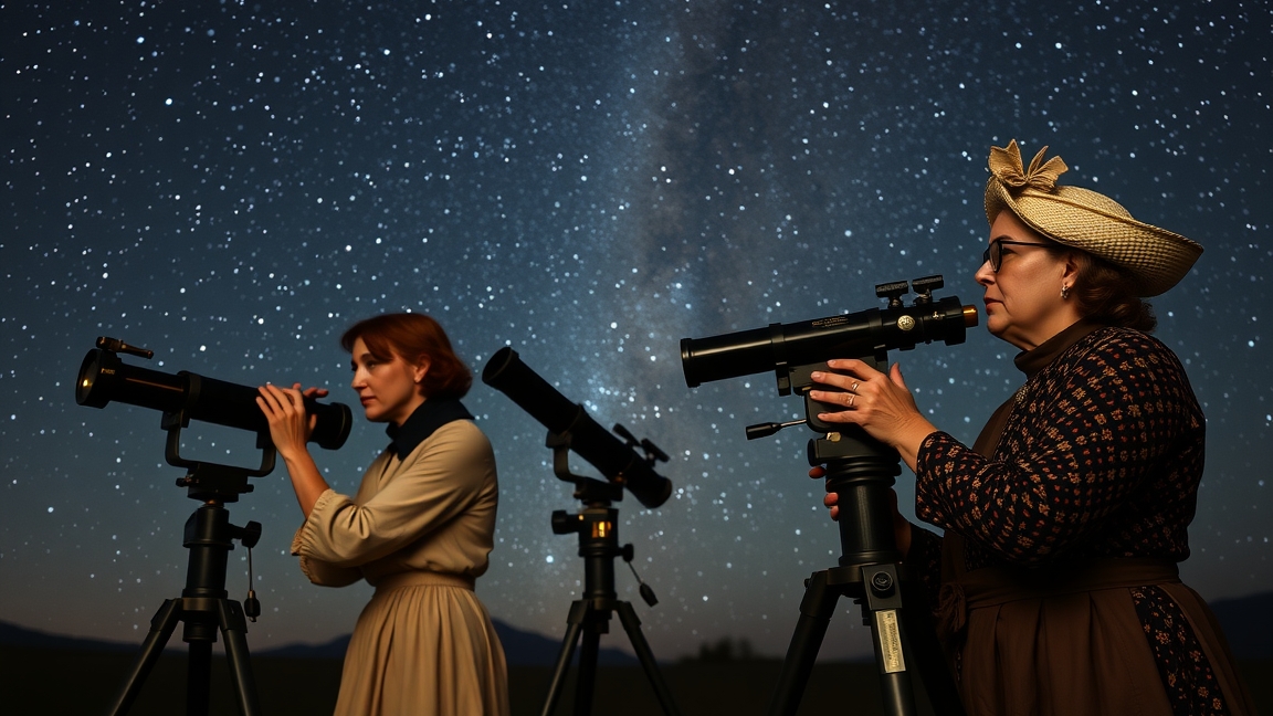 Női csillagászok távcsövekkel a csillagos ég alatt