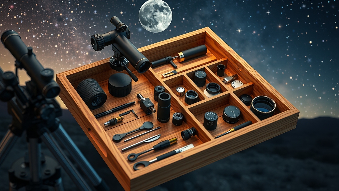 Okulártartó tálca különböző optikai eszközökkel a csillagos ég alatt.