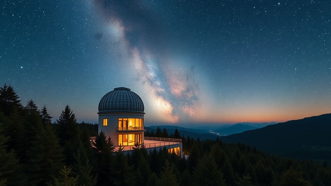 A modern observatory at dusk with a starry sky in Bakonybél