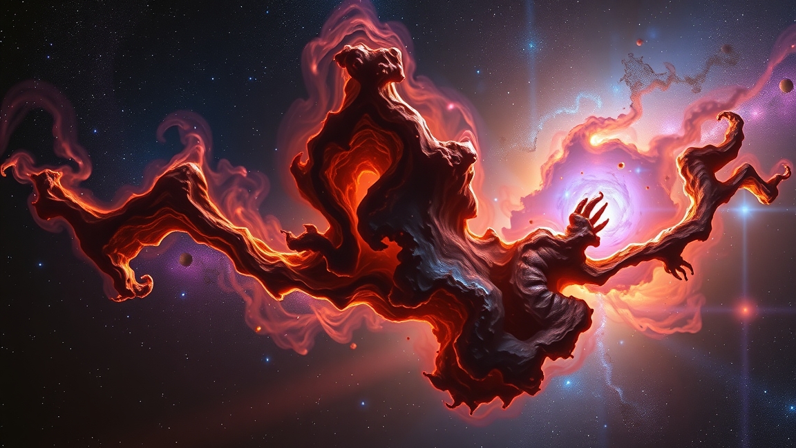 Pareiđóliás köd az űrben, mely arcokat és állatokat ábrázol.