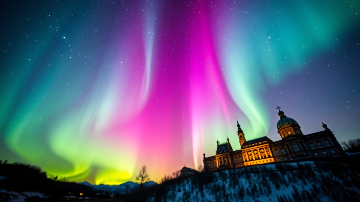 Színes sarki fény egy gyönyörű épület felett.