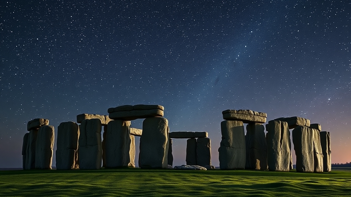 Stonehenge csillagos égbolt alatt, ősi kultúra maradványa.