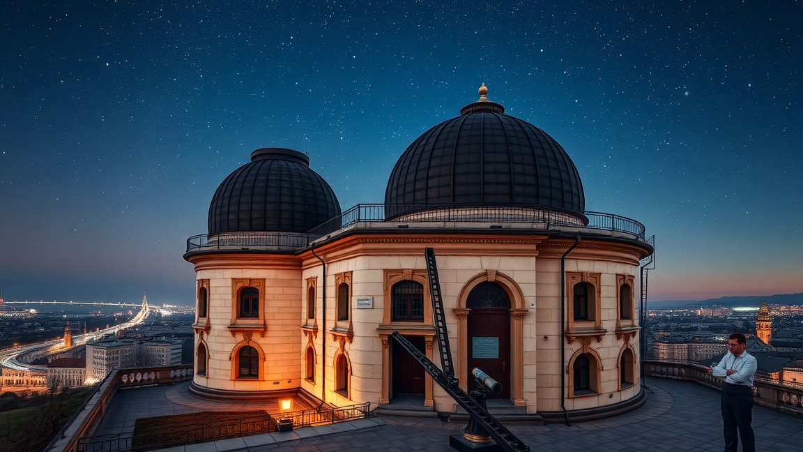 Svábhegyi Csillagvizsgáló Budapest éjszakai látképe csillagokkal.