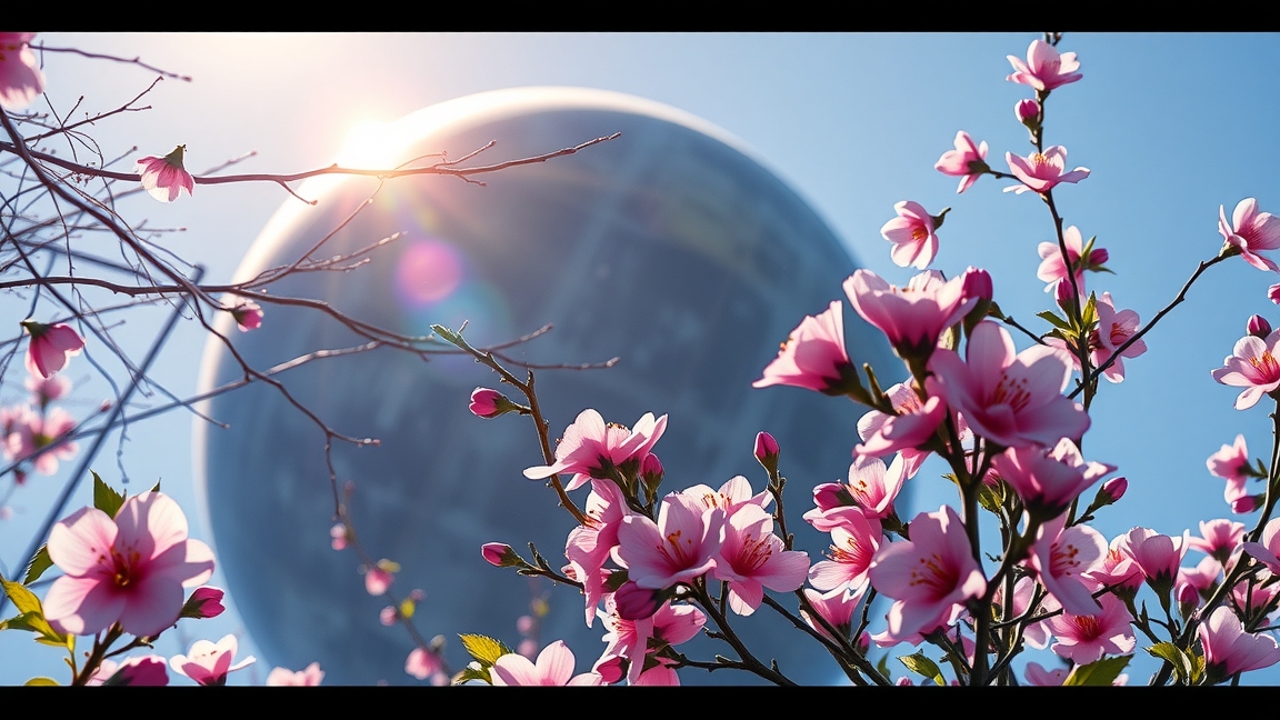 Tavaszi napéjegyenlőség virágzó fákkal és égitesttel