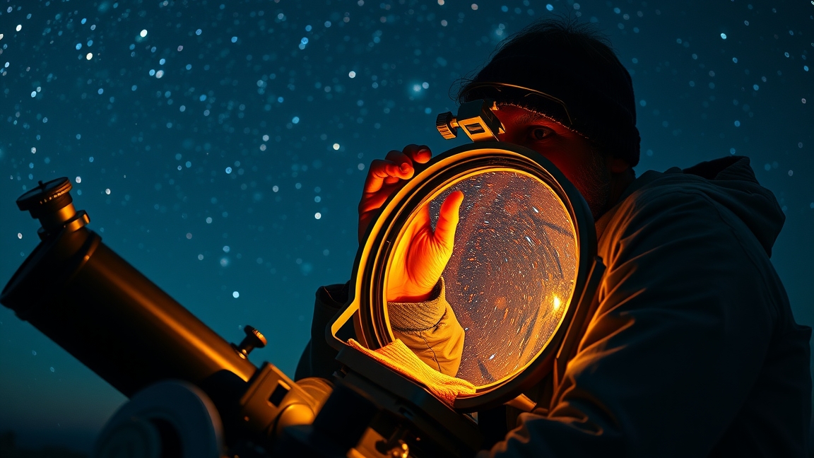 Távcső tükrét tisztító ember csillagos háttér előtt.