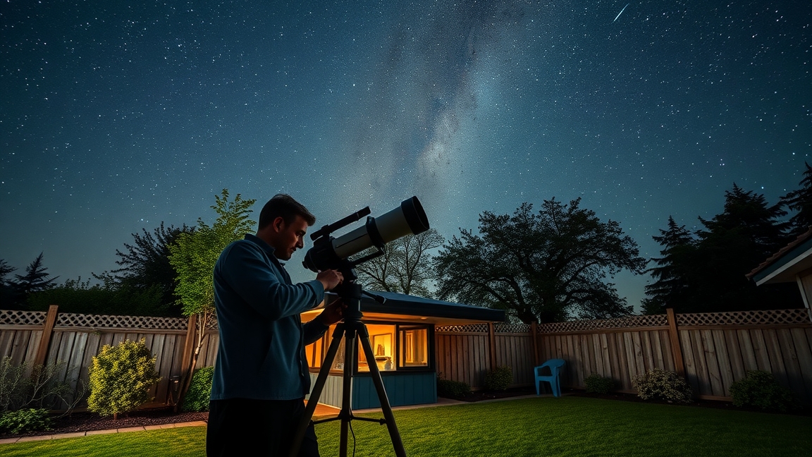 Kezdő csillagász távcsővel csodálja az égboltot otthon
