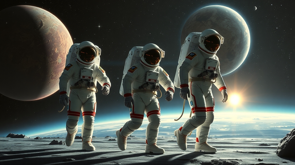 Három űrhajós űrruhában a Hold felszínén.