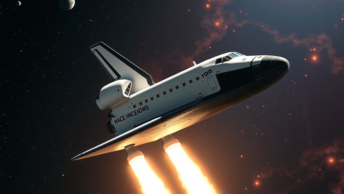 Űrsikló az űrben tüzelve, csillagok és bolygók között.