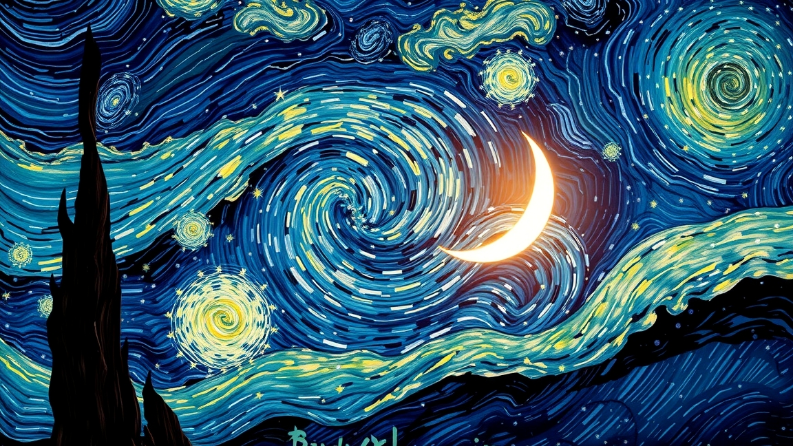Van Gogh Csillagos éj; éjszakai égbolt csillagokkal és holdfénnyel