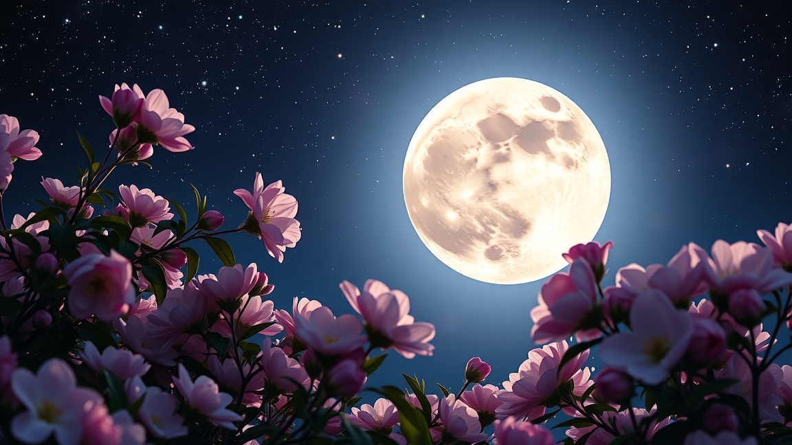 Virág-hold májusi teliholddal és virágokkal a csillagos éjszakában