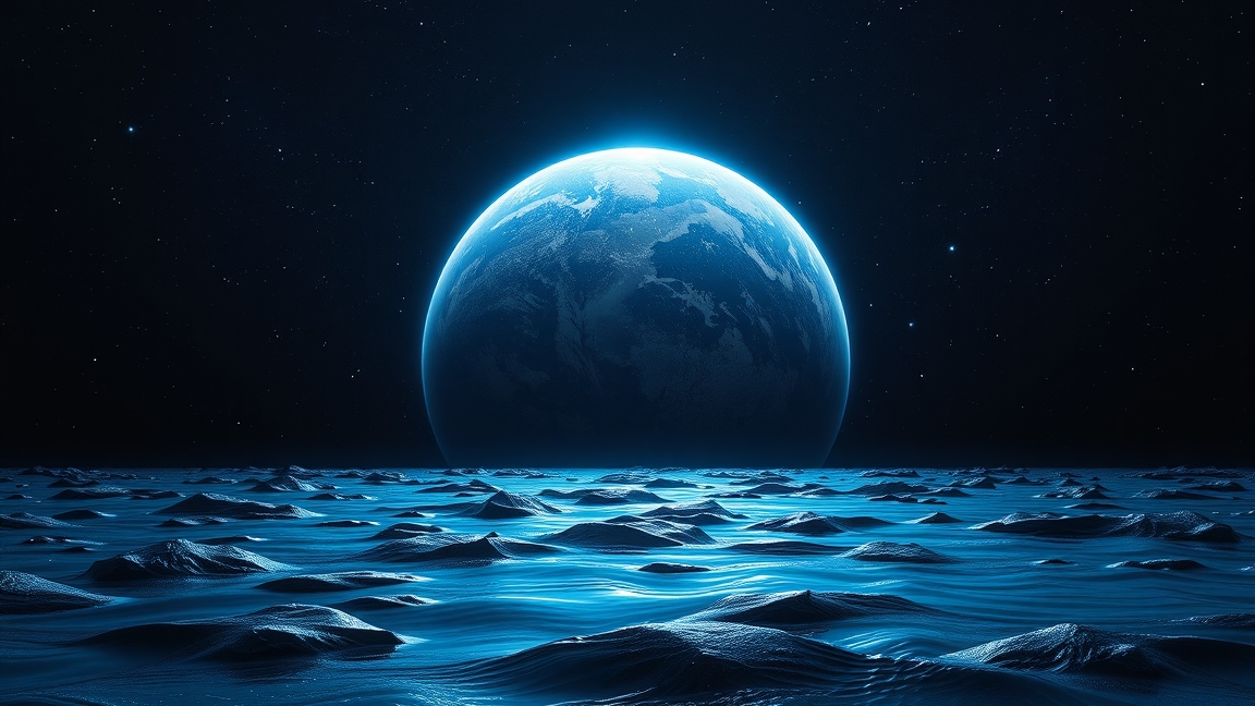 Egy víz alatti bolygó elképzelése űrben, sötét háttérrel.