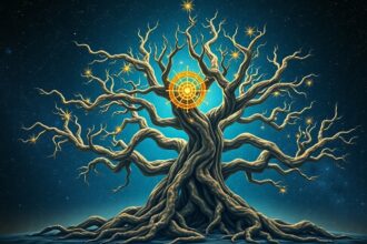 Yggdrasil, a viking mitológiai világfa, csillagokkal az ég alatt.