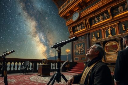 Királyi asztrológus a csillagokat figyeli egy udvari könyvtárban.